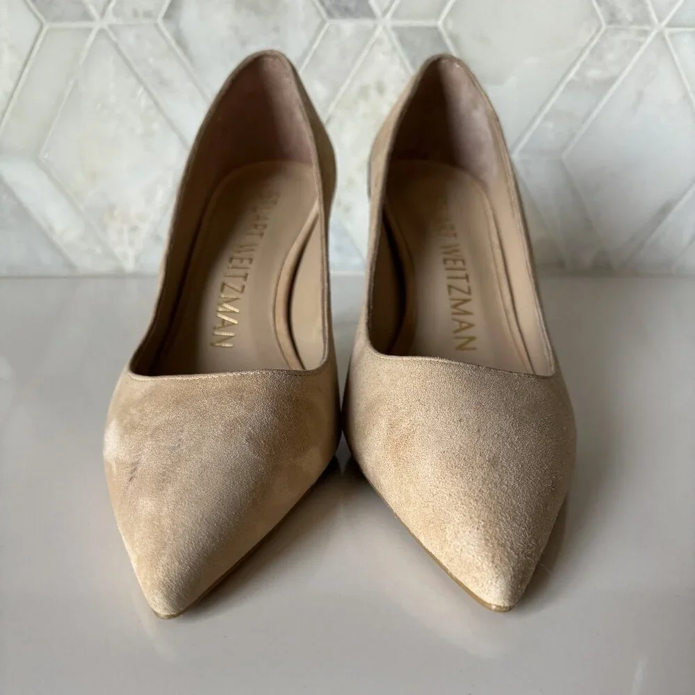 Stuart Weitzman Size 6 Tan Suede Heel Pointed Toe Rubber Sole 75mm Heel 3 Inch - Picture 1 of 6